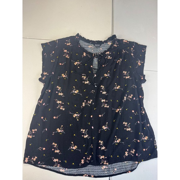 Buffalo David Bitton Floral Print Top XL Black Ruffle Neck Tie Keyhole - Picture 1 of 16